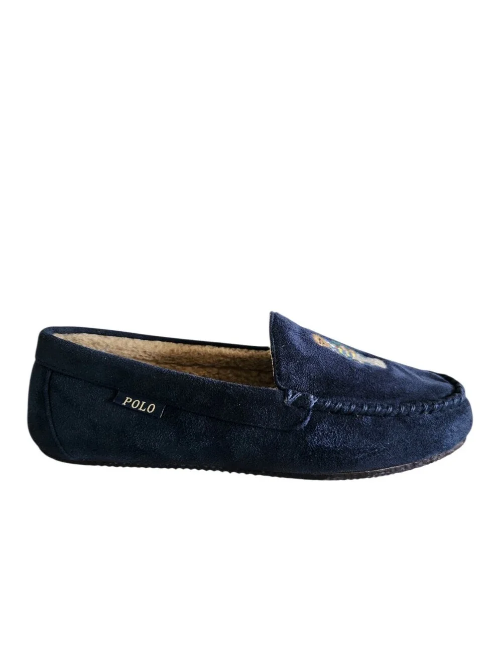 Polo Ralph Lauren Mens Polo Bear Moccasin Slippers Blue Faux Fur Lined Size 10